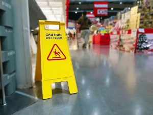 Yellow "Caution Wet Floor" sign on a glossy store floor with shelves of products and a person walking in the background.