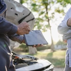 Two people stand near a car with the hood open; one holds a tablet, possibly inspecting or discussing the car’s condition.