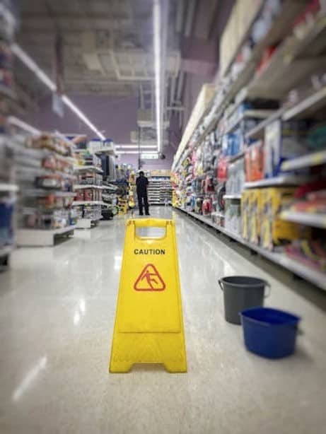 A yellow caution wet floor sign is placed in the aisle of a store, with two buckets nearby and shelves of products on both sides.
