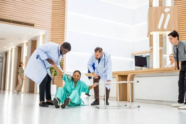 Two doctors help a woman in medical scrubs who has fallen on the floor near a glass table in a hospital lobby, while others observe.