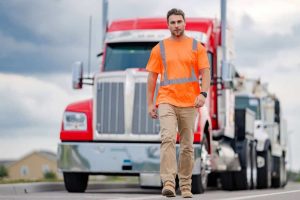 Man in an orange safety vest walking confidently in front of two parked semi-trucks on a cloudy day.
