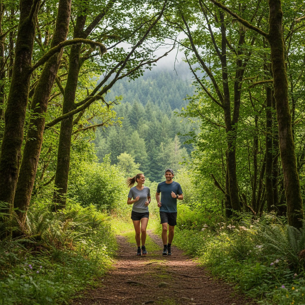 Two people jogging on a forest trail surrounded by tall trees and greenery, with a background of misty hills and dense foliage.